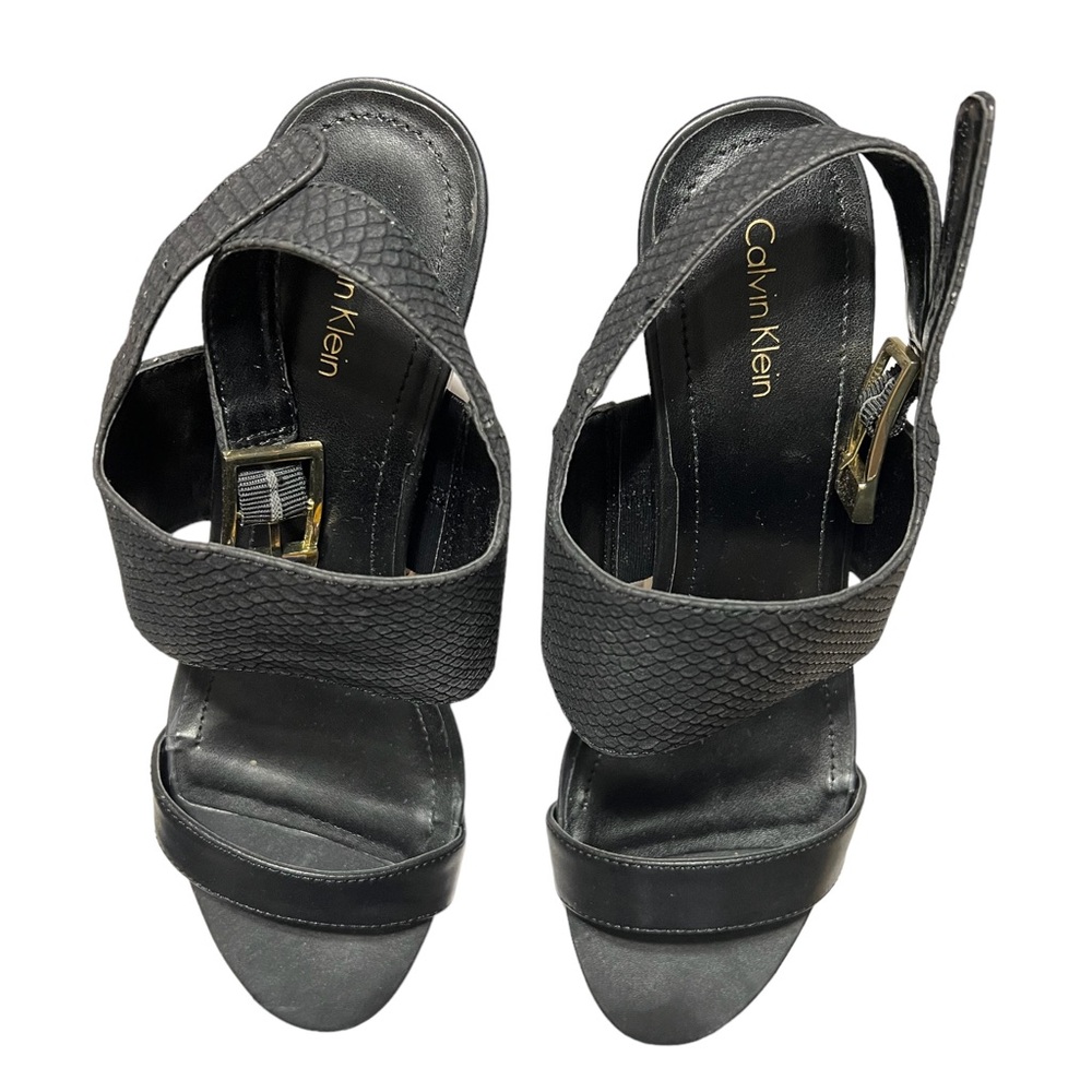 Black Print Calvin Klein double strapped Cork Wedge Heel sandal w/gold buckle